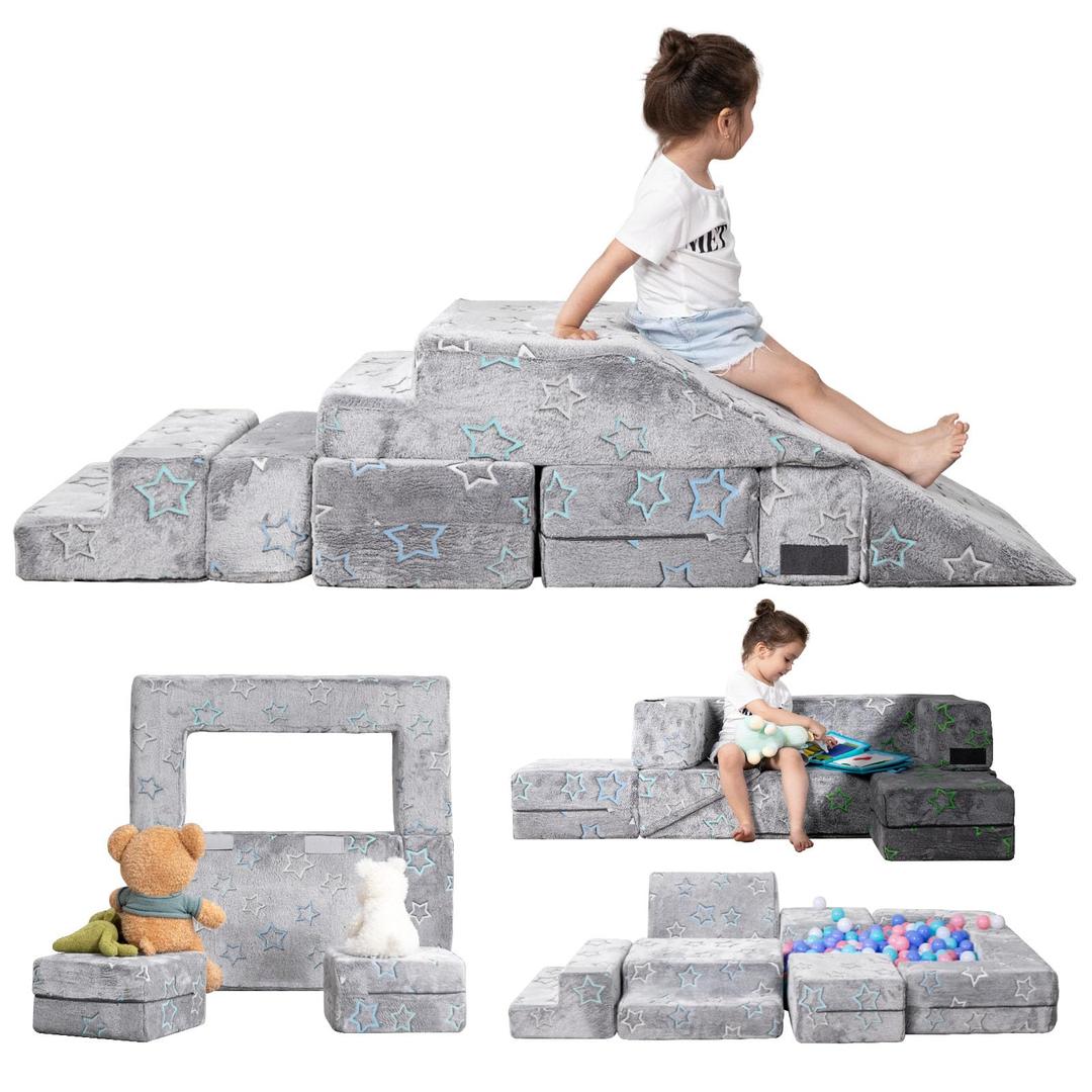 Kids Couch Toddler Couch, Glow in The Dark Kids Play Couch, Foam Climbing Playset Imaginative Furniture for Creative Children, Convertible Glow Kids Sofa Colorful Stars for Playroom Bedroom