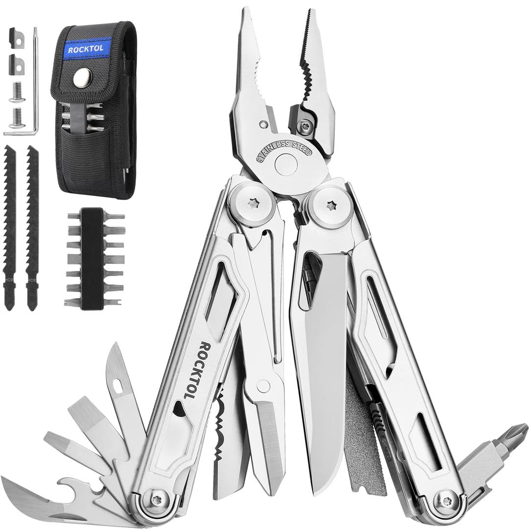 Multitool, 29-in-1 Multitool Pliers with Replaceable Wire Cutters and Saw, Heavy-duty Stainless Steel Multitool Set and Nylon Sheath for Camping Survival multitool for Man