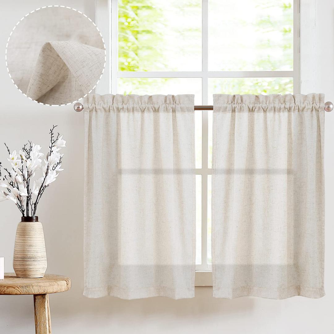 jinchanBeige Kitchen Curtains Linen Tier Curtains 36 Inches Farmhouse Cafe Curtains Flax Country Rustic for Bathroom Laundry Room RV 2 Panels Crude