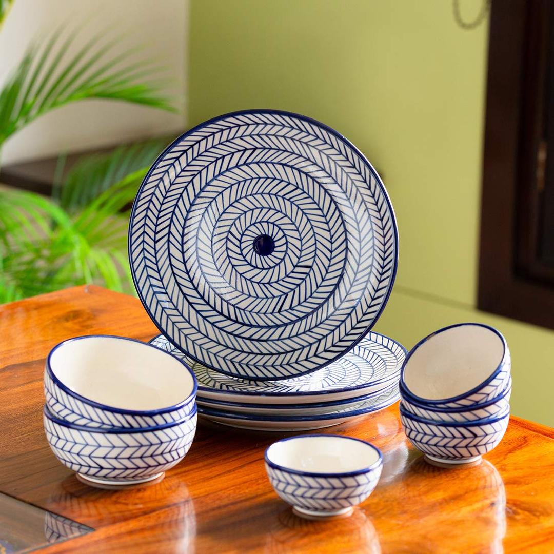 Exclusivelane 'Indigo' Hand Painted Ceramic Plates For Dinner Plates With Serving Bowls & Katoris (10 Pieces, Serving For 4, Microwave Safe)- Dinner Serving Set For Kitchen Dinner Set Ceramic Bowls