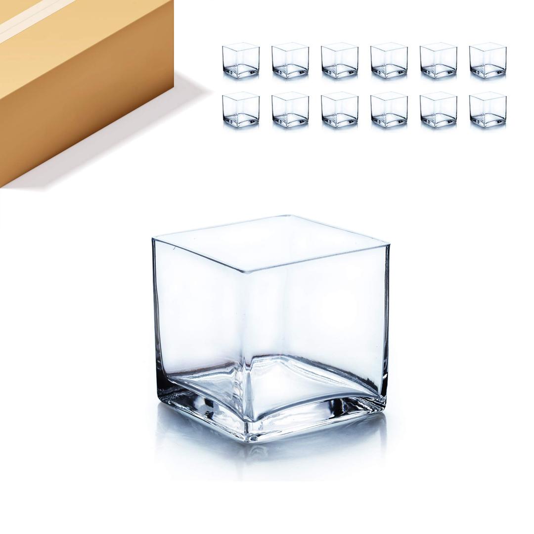 WGV Cube Glass Vase Bulk, Candle holder, 5"x5"x5", Clear Elegant Floral Accent Container Planter Terrarium Storage for Wedding Party Ceremony Event Office Home Decor, 12 Pieces