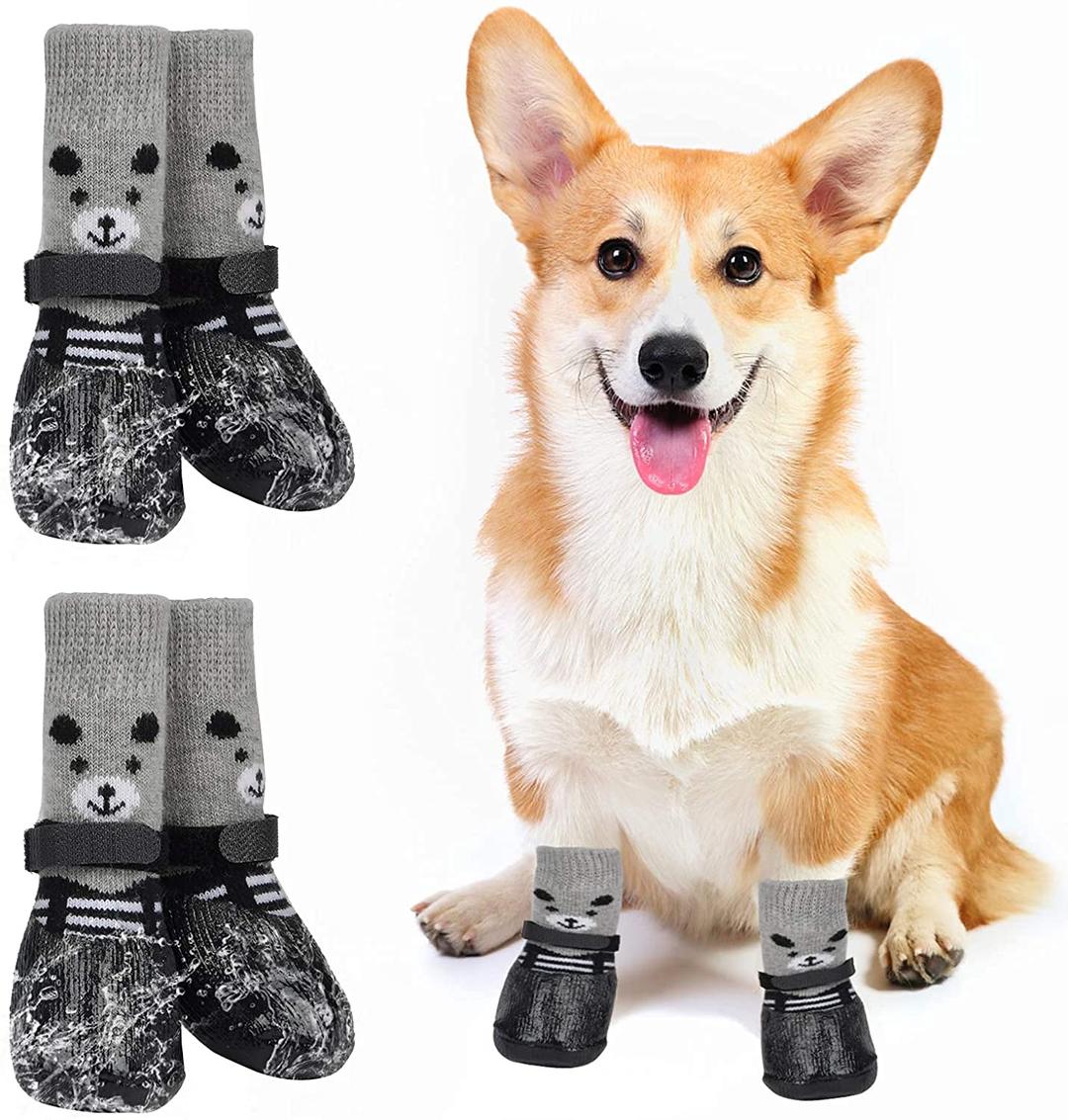 SYOSI4 Pack Little Small Dogs Cats Dog Socks Non Slip Skid Grippers Traction Control Pads, for Floors Indoor Wear Pet Paw Grips Double Rugged Protection Adhesive Anti Slip Knit Socks Replacement Booties