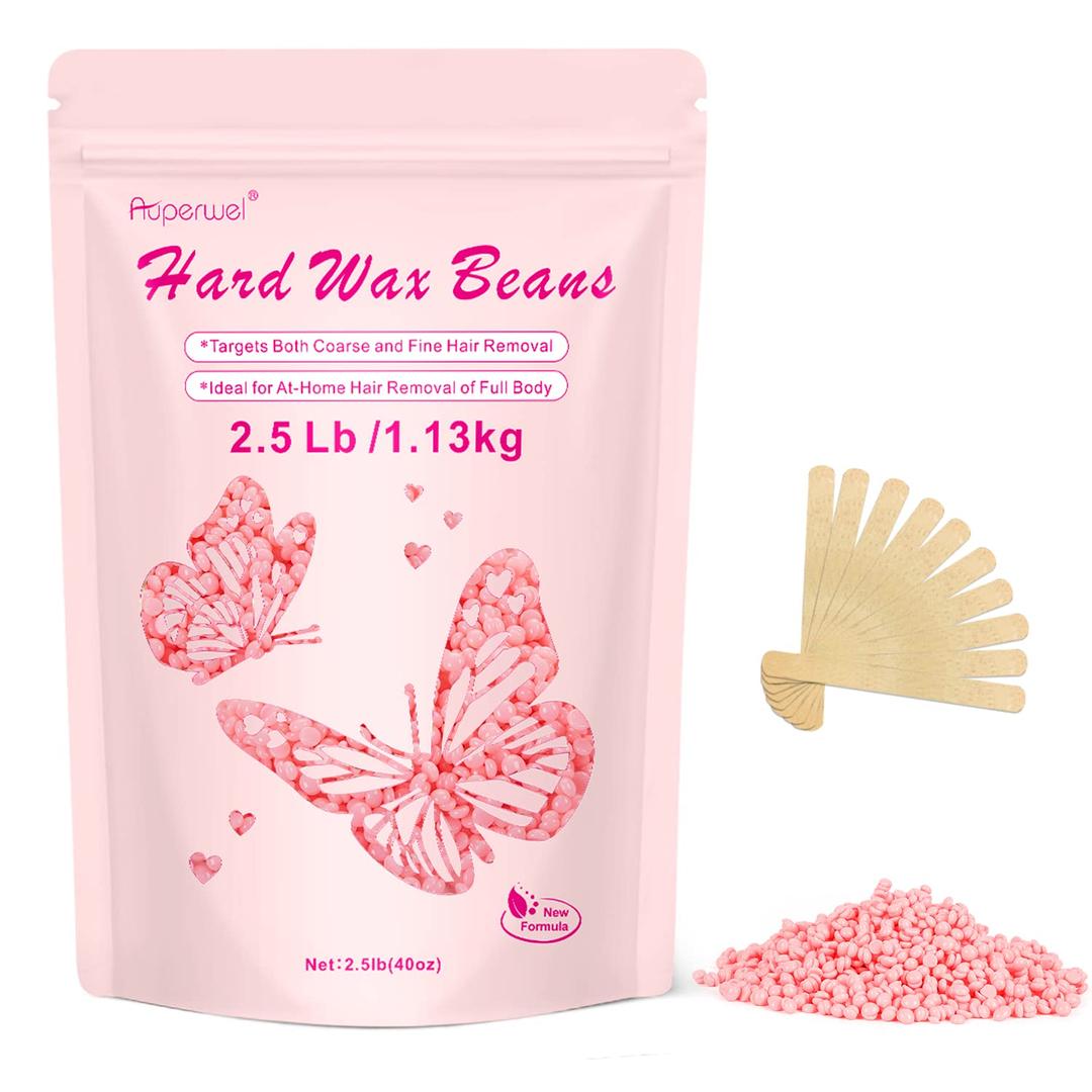 Hair Removal Wax Beads, 2.5lb for Sensitive Skin - Waxing Beans for Brazilian, Bikini, Eyebrow Waxing with 20 Sticks, Painless Refill Pearl Beads for Wax Warmers Kit (Rose)