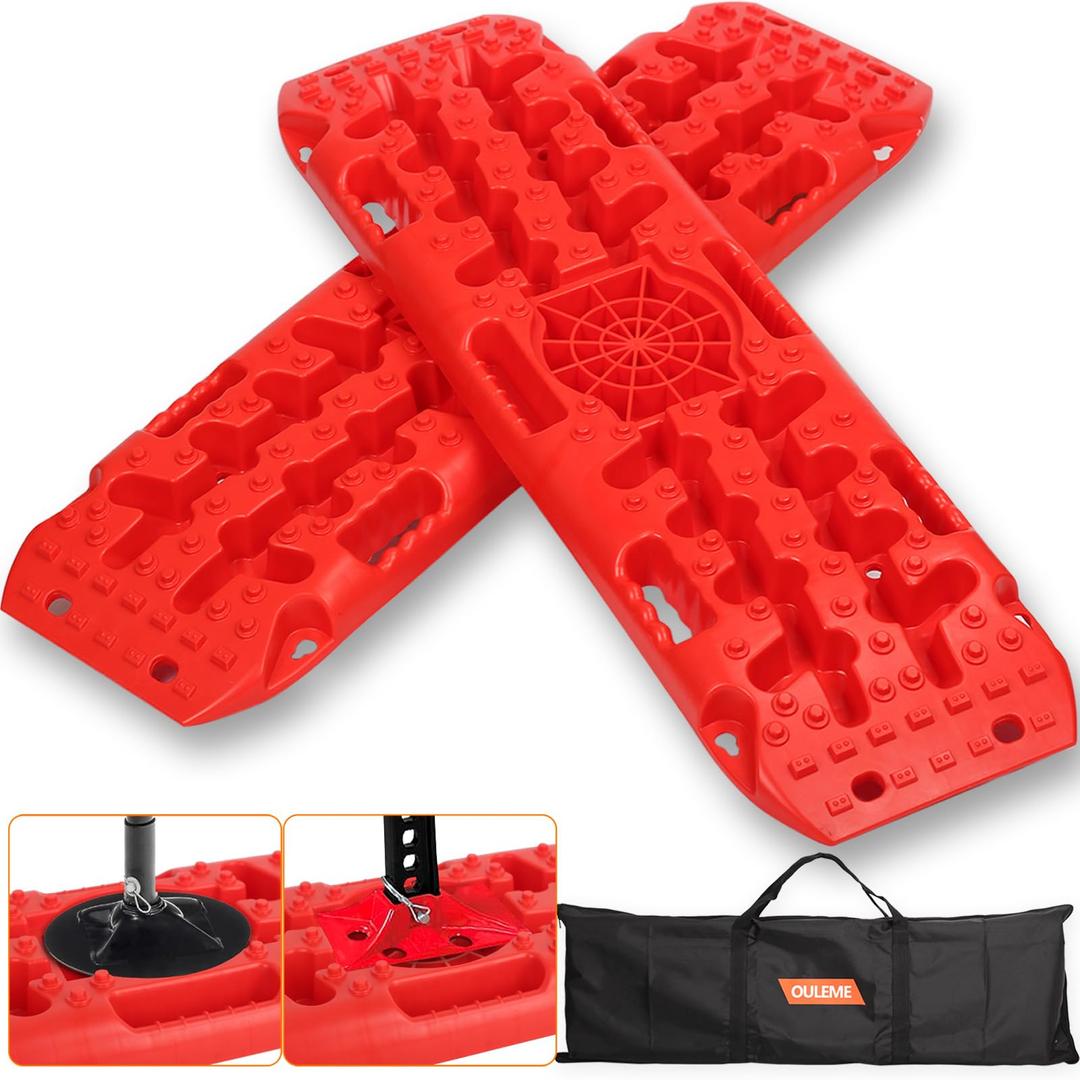 Off-Road Traction Boards with Jack Lift Base, Recovery Board for Sand, Mud, and Snow Tracks - Tire Traction Pads for RV Truck Jeep SUV (Red)