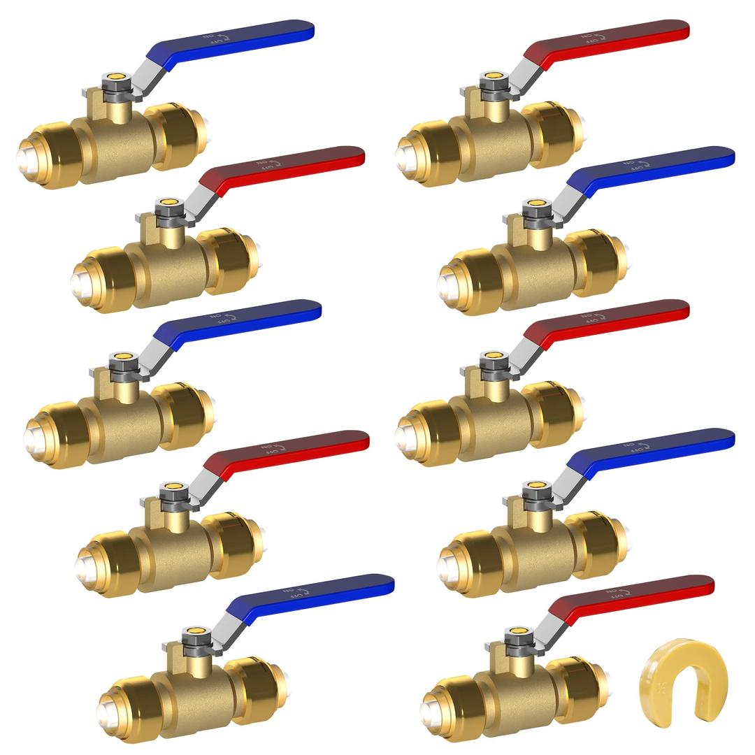 Hourleey 10 Pieces 1/2 Inch Push-Fit Full Port Ball Valve for Hot and Cold Water with Disconnect Clip, Water Stop Shut Off, 5 Piece Each