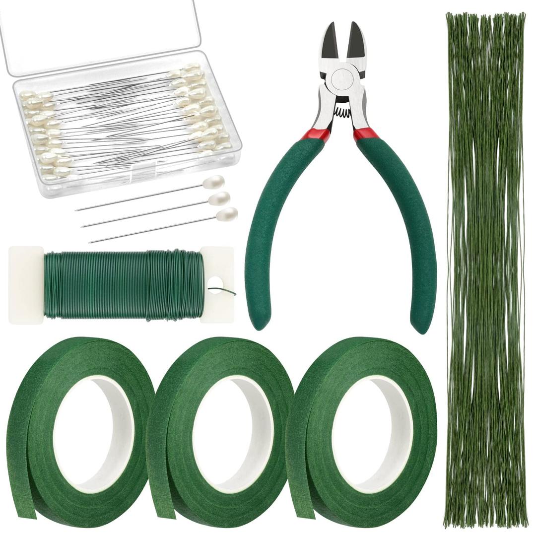 PAXCOO Floral Arrangement Kit with Green Tape and Wire, Boutonniere Flower pin, Wire Cutter for Wreath Making Supplies