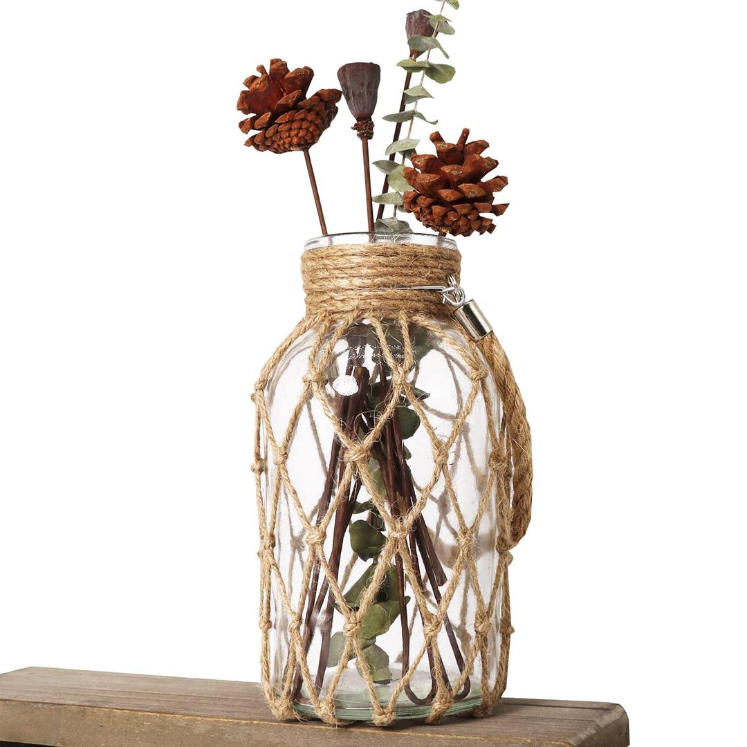 Rustic Hanging Mason Jar Creative Rope Net Dry Flower Glass Vase with Handle (1 Vase 8")