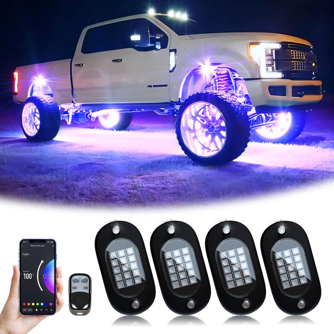 YiLaie RGB LED Rock Lights, 60 LEDs High Brightness Multifunction Neon underglow Kit Waterproof Light with APP/RF Control Multicolor Lights for ATV RZR UTV SUV Off Road Car, DC 12V (4 Pods)