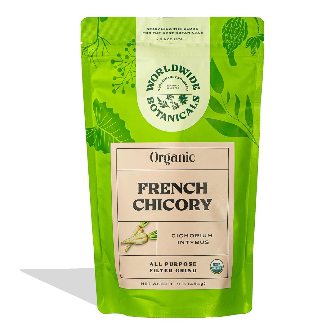 Worldwide Botanicals Organic French Chicory Root - Brew Like Coffee, Blend Roasted Chicory Root With Coffee, Coffee Alternative, Acid Free, Caffeine Free, Kosher - 1 Pound