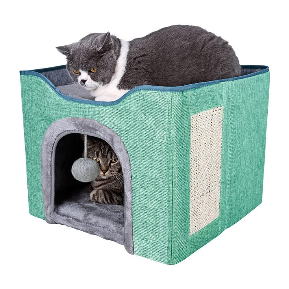 NeoStyle Multifunction Cat House,Cat Bed for Indoor Cats,Cat Nest,Foldable Cat Cube Cave,Large Pet Play House with Fluffy Ball Hanging,Scratch Pad and Detachable Storage Box (1-piece, cyan)