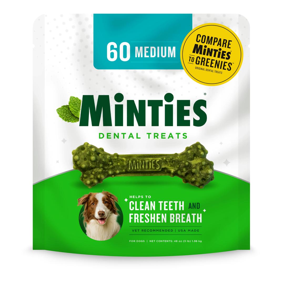 Minties Dental Chews for Dogs, 60 Count, Vet-Recommended Mint-Flavored Dental Treats for Medium Dogs 25-50 lbs, Dental Bones Clean Teeth, Fight Bad Breath, and Removes Plaque and Tartar