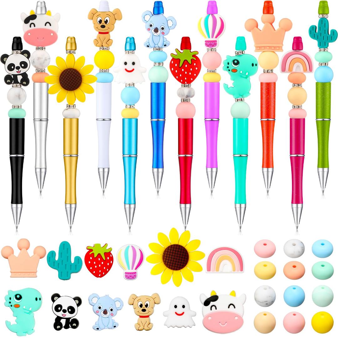 Ctosree 12 Pcs Beadable Pens Kit Silicone Focal Beads for Pens DIY Animals Fruit Bead Pens Making Kit Beaded Ballpoint Pen Black Ink Back to School Supplies Birthday Gifts Stuff(Classic Style)