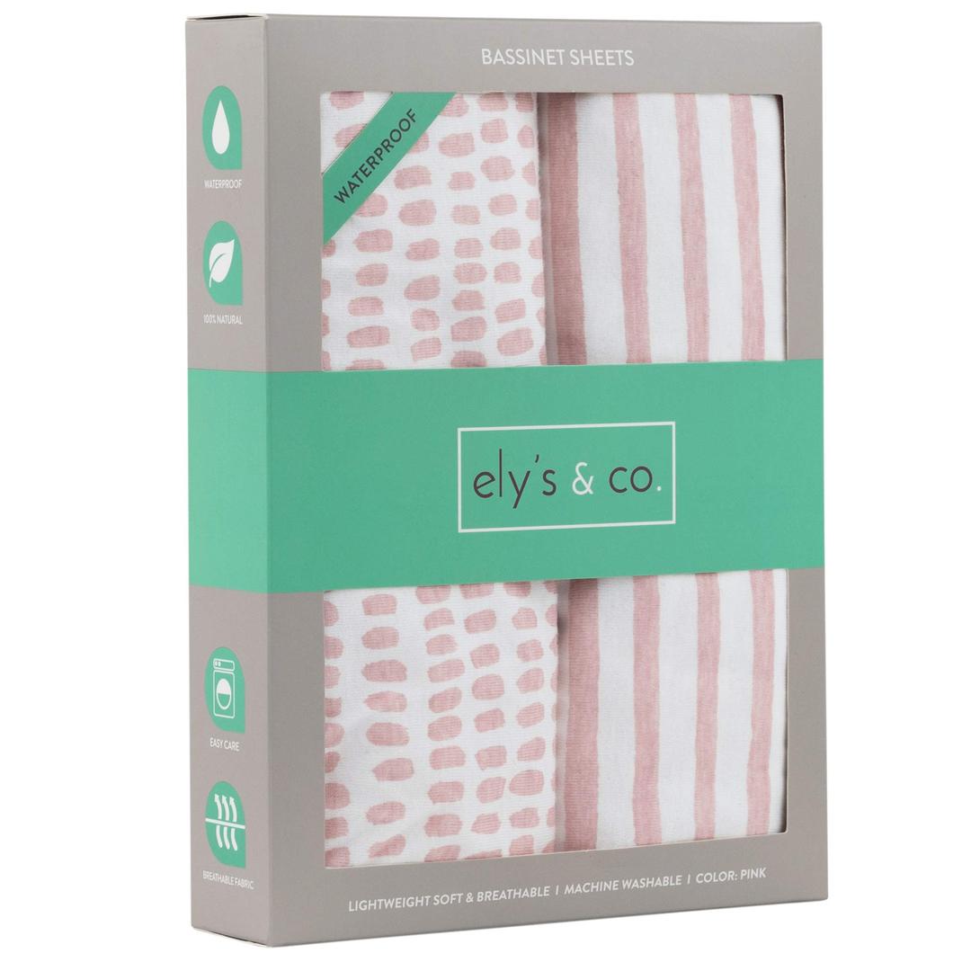 Ely's & Co. Patent Pending Waterproof Bassinet Sheet, No Need for Bassinet Mattress Pad Cover, 2 Pack Mauve Pink Splash & Stripes,for Baby Girl 32" 16"X3"