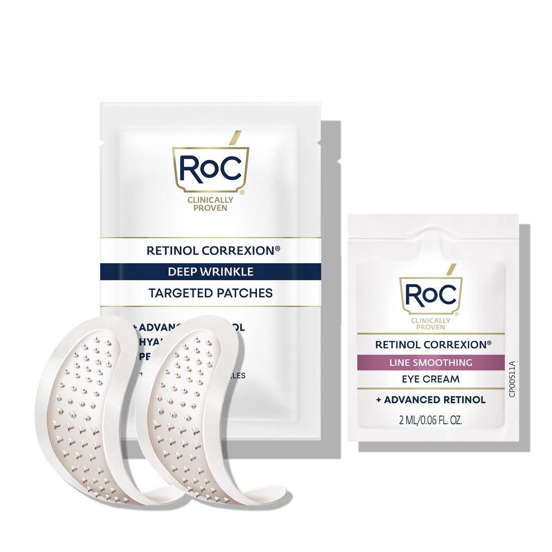 RoCRetinol Correxion Deep Wrinkle Non-Invasive Targeted Patches with Hyaluronic Acid + Firming Peptides for Forehead, 11 Lines, Crow’s Feet and Laugh Lines, (6 Patches) with Retinol Eye Packette