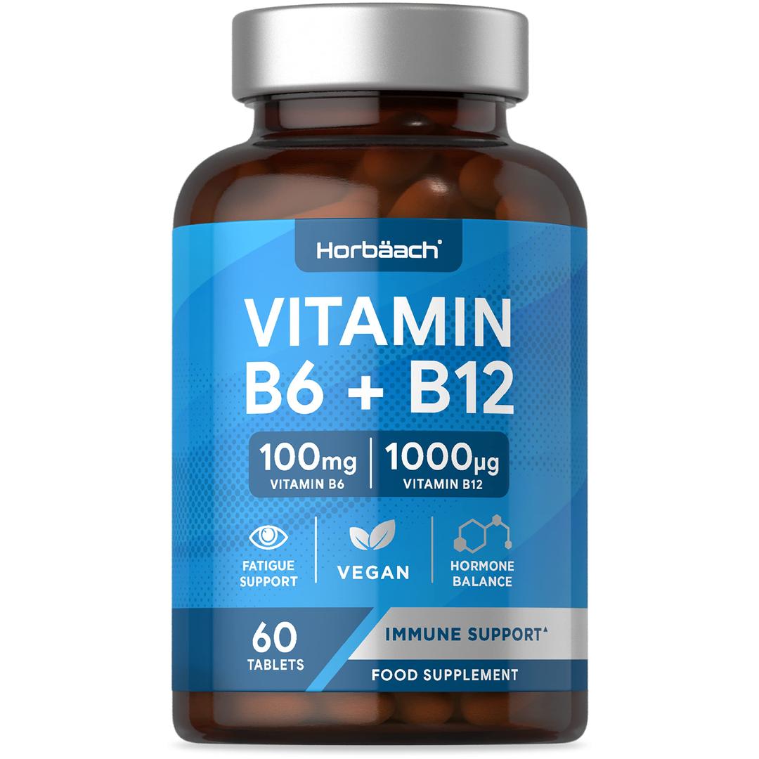 Vitamin B6 and B12 Tablets High Strength | 60 Count | with 100mg of Vitamin B6 and 1000ug of Vitamin B12 | Vegan | No Artificial Preservatives | by Horbaach