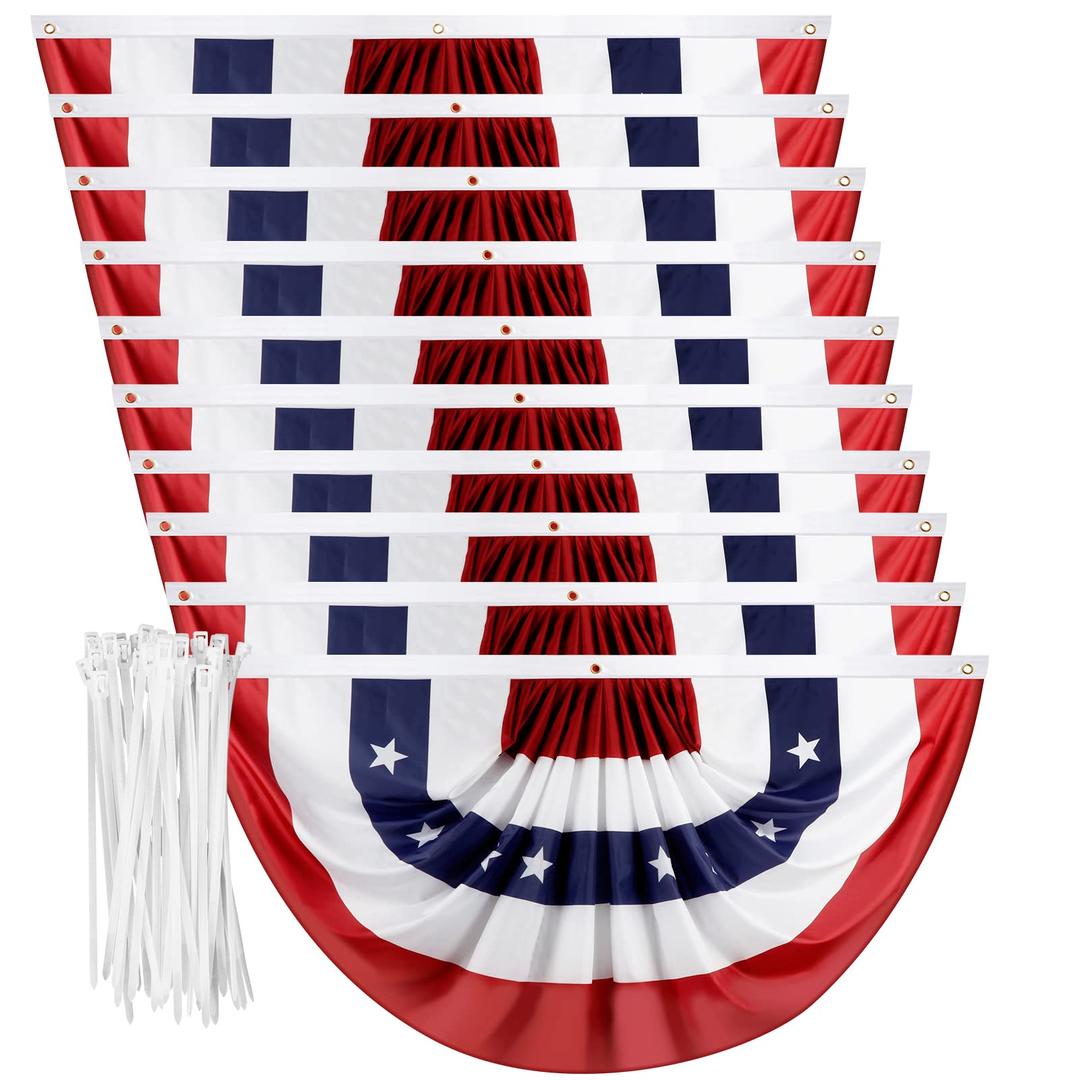 USA Pleated Fan Flag, 1.5x3 Feet American US Bunting Flag Patriotic Half Fan Banner Flag for 4th of July Memorial Day Indoor Outdoor Decoration, with Brass Grommets and Zip Ties (1.5x3.0 Feet, 10 Pack)