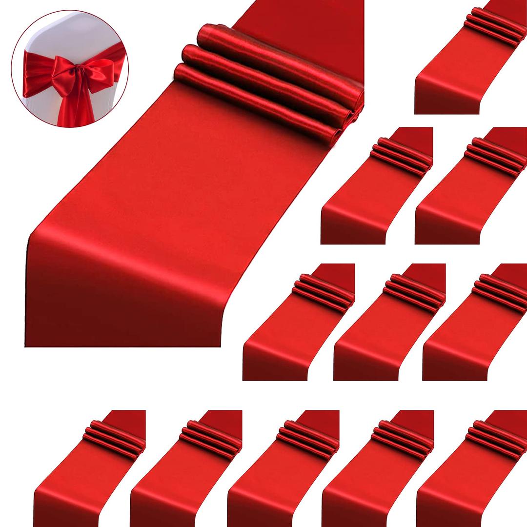 12 Pack Satin Table Runner 12 x 108 Inch Red Long Table Cloth Satin Table Runners for Wedding Banquet Graduations Birthday Party Decoration