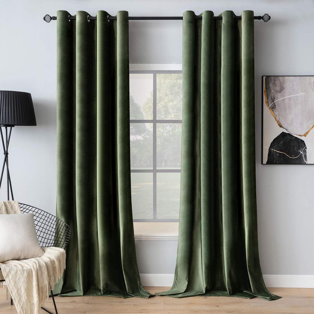 MIULEE Velvet Curtains Olive Green Elegant Grommet Curtains Thermal Insulated Soundproof Room Darkening Curtains/Drapes for Classical Living Room Bedroom Decor 52 x 84 Inch Set of 2