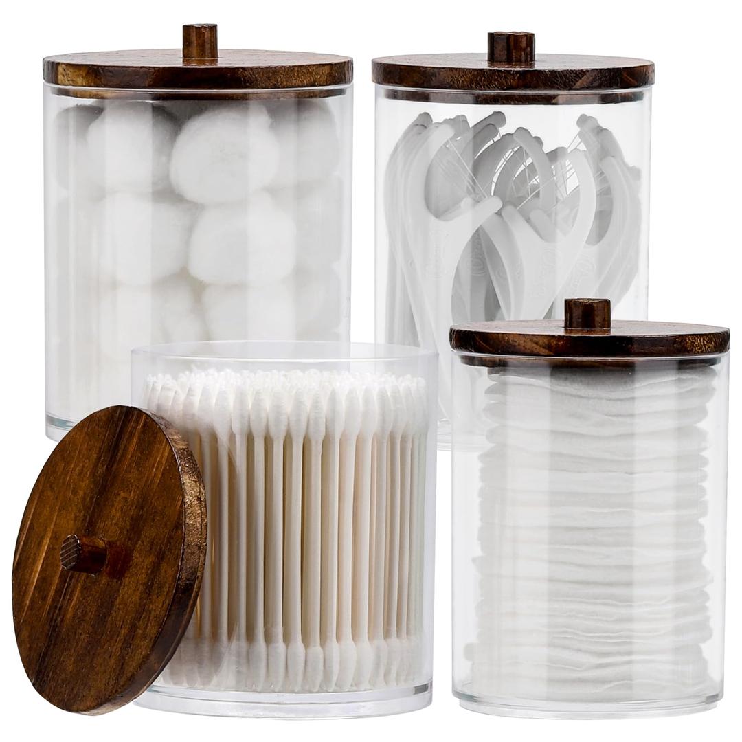 Tbestmax 4 Pack Qtip Holder Dispenser Cotton Ball, Cotton Swab, Floss - 12oz, 10 oz Clear Plastic Apothecary Jars for Bathroom Organizer and Storage Containers (Brown Wood Lids)