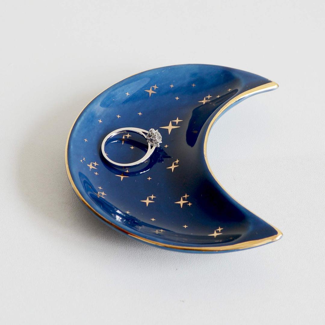 Small Moon Jewelry Dish Tray, Decorative Ceramic Trinket Dish, Modern Accent Tray for Vanity, Blue