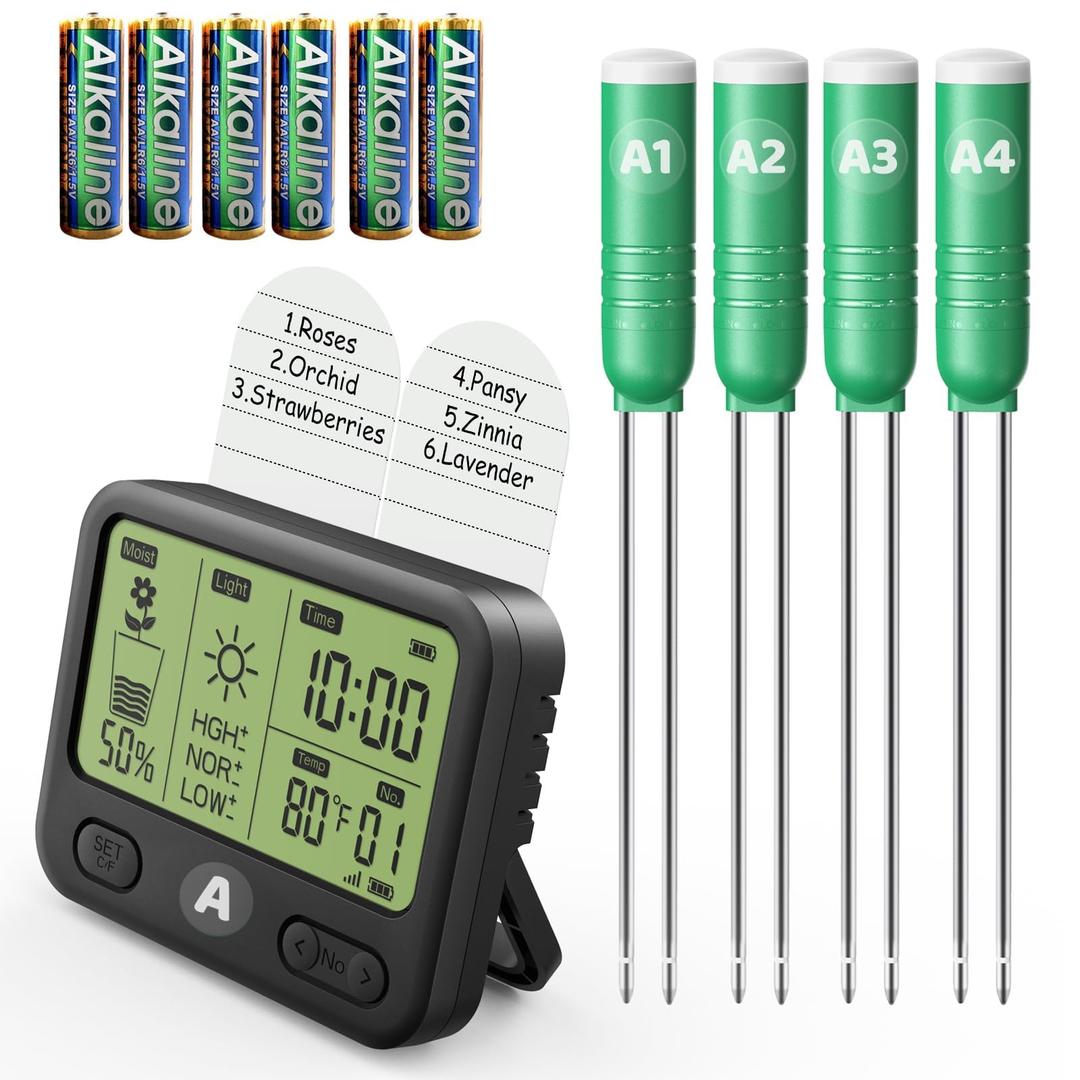 VODESON 4in1 Plant Soil Moisture Meter with 230ft RF Wireless Includes Battery-Waterproof & LCD Display for Moisture,Temp,Sunlight,Time,Ideal for Garden,Lawn Care-Outdoor Plant (4 Sensors)