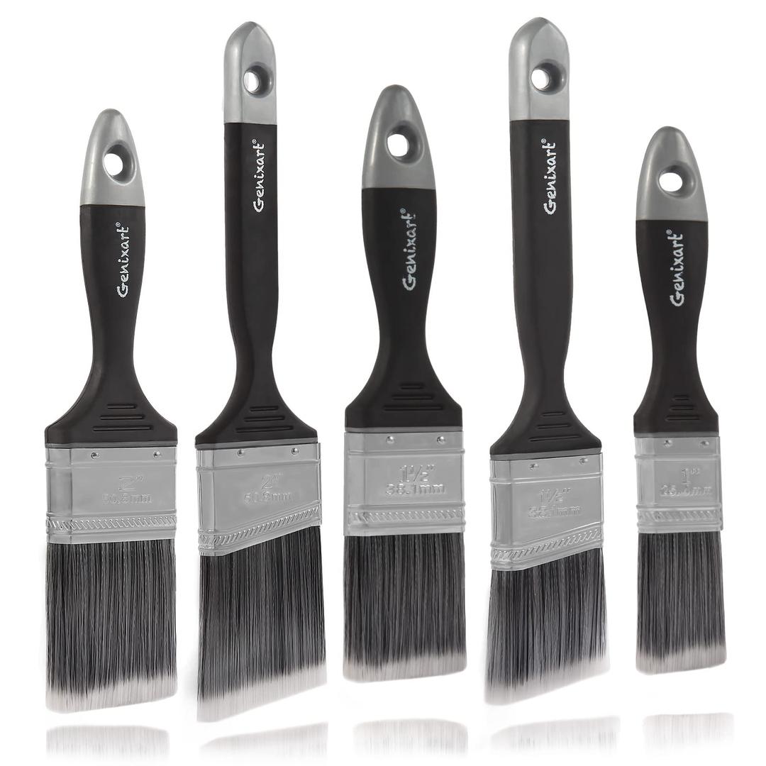 Genixart Angled Cutting in Paint Brushes for Walls and Trim, Angle Sash Paintbrush for Furniture, Stain Brush for Interior & Exterior Painting (5 Pack)