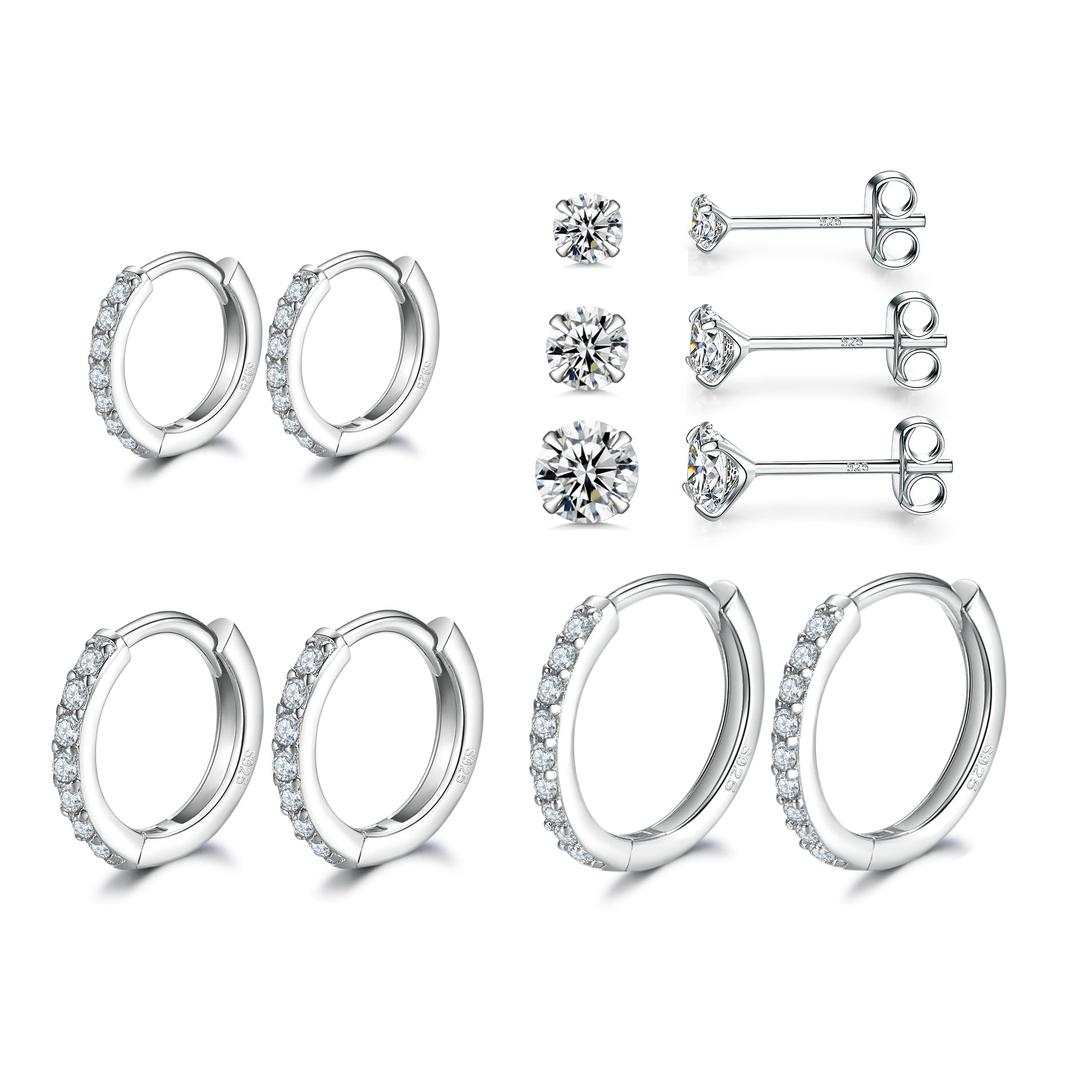 Dlihc Sterling Silver Hoop Earrings | Sterling Silver Stud Earrings for Women - 6 Pairs Hypoallergenic Tiny Cubic Zirconia Stud Earrings Set & Cartilage Earring Hoops