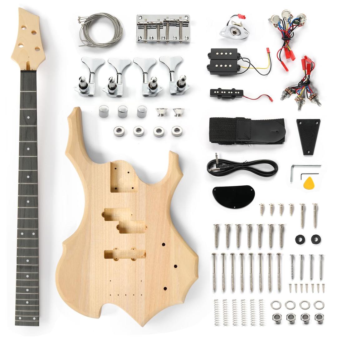 Ktaxon DIY Electric Guitar Kit, 46Inch DIY Bass Guitar Kit with Mahogany Body, Solid Wood Fingerboard and Maple Neck, Easy Installation & All Accessories Included to Build Your Own Guitar(Flame)