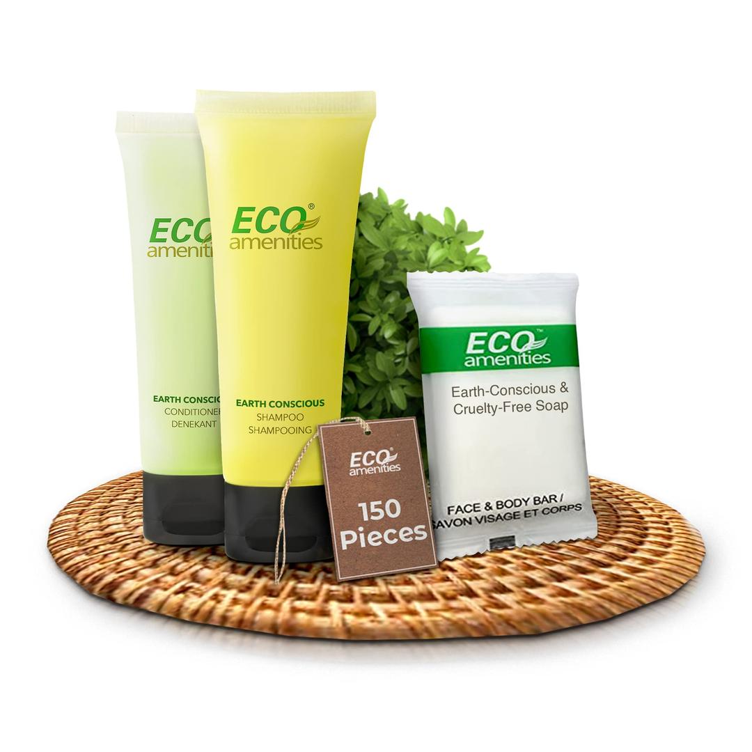 ECO Amenities 150-Piece Travel Kit: Soap, Shampoo & Conditioner Mini Kits in Toiletry Bags - Trial Size Bars & Sets (1oz each)