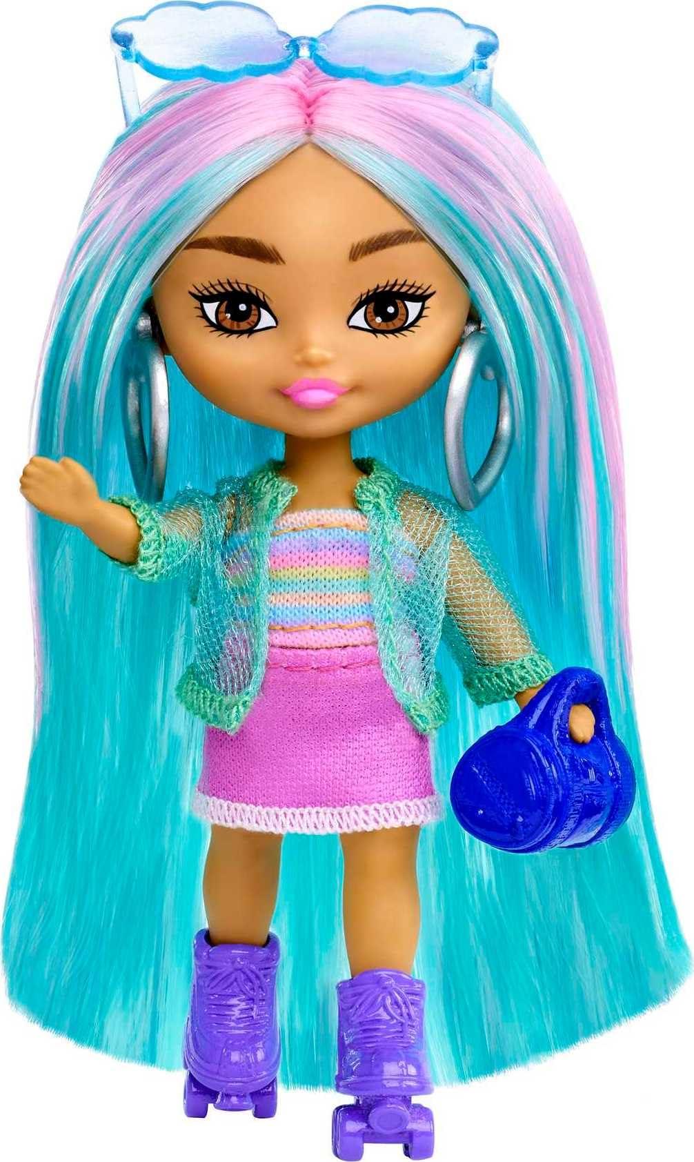 Barbie Extra Mini Minis Doll with Blue Hair, Sporty Outfit, Roller Skates & Accessories & Stand, 3.25-inch