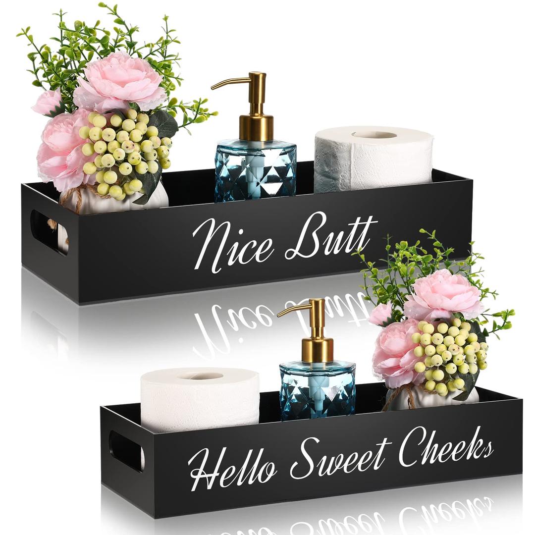 Acrylic Bathroom Tray for Counter Toilet Paper Basket 2 Side with Funny Saying Hello Sweet Cheeks Bathroom Box Black Toilet Tank Tray Countertop Organizer Farmhouse Decor for Tissues Candle Soap Towel