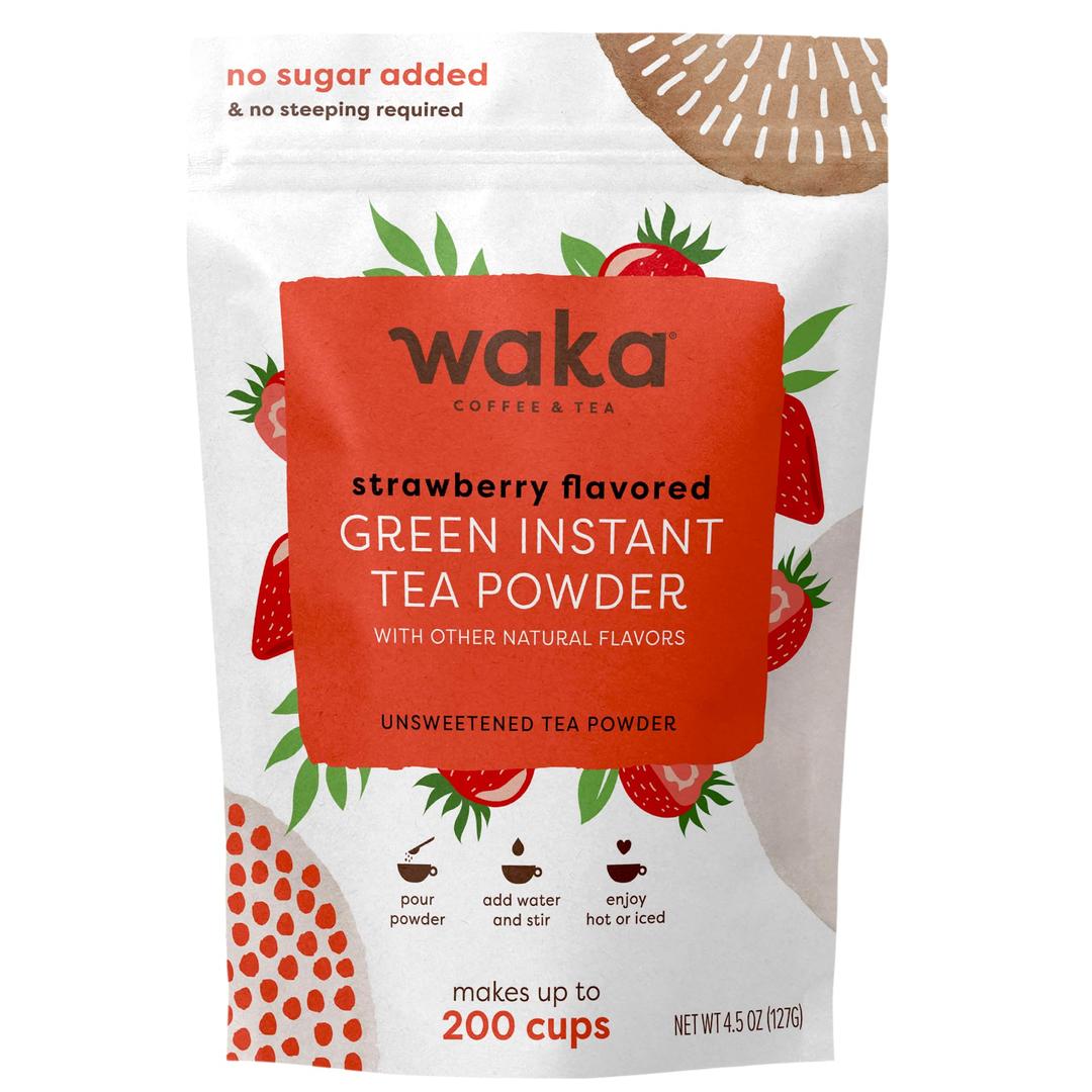 Waka Instant Green Tea Mix, Strawberry Flavored - 100% Tea Leaves, No Additives, Unsweetened Tea Powder in Bulk Pouch – Easy Quick Hot and Iced Teas, Up to 200 Cups (4.5oz)