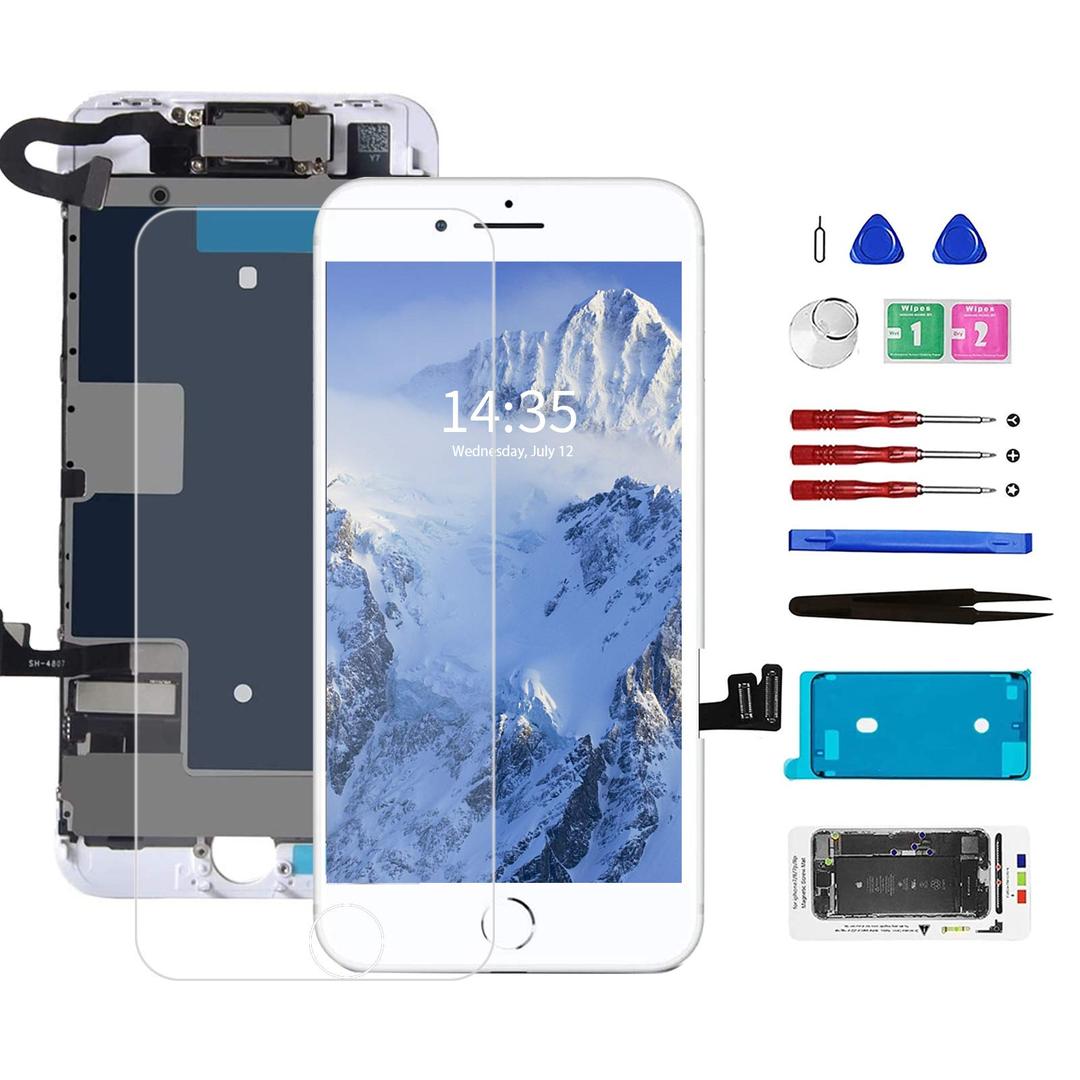 for iPhone 8 Screen Replacement Full Assembly LCD and 3D Touch Screen Digitizer Replacement Frame with Front Camera+Ear Speaker+Sensors+Waterproof Seal+Screen Protector Repair Tools Kit White