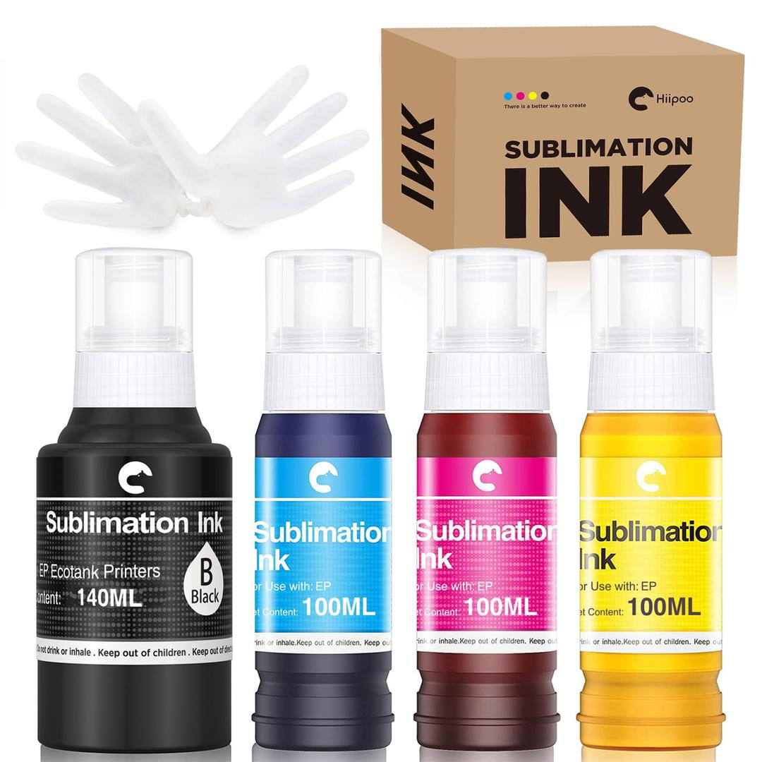 Hiipoo 440ML Sublimation Ink Refilled Bottles Compatible for Epson ET2400 ET2720 ET2760 ET2750 ET4800 ET-2800 ET-2803 ET-2850 Inkjet Printers Heat Press Transfer on Mugs T-Shirts