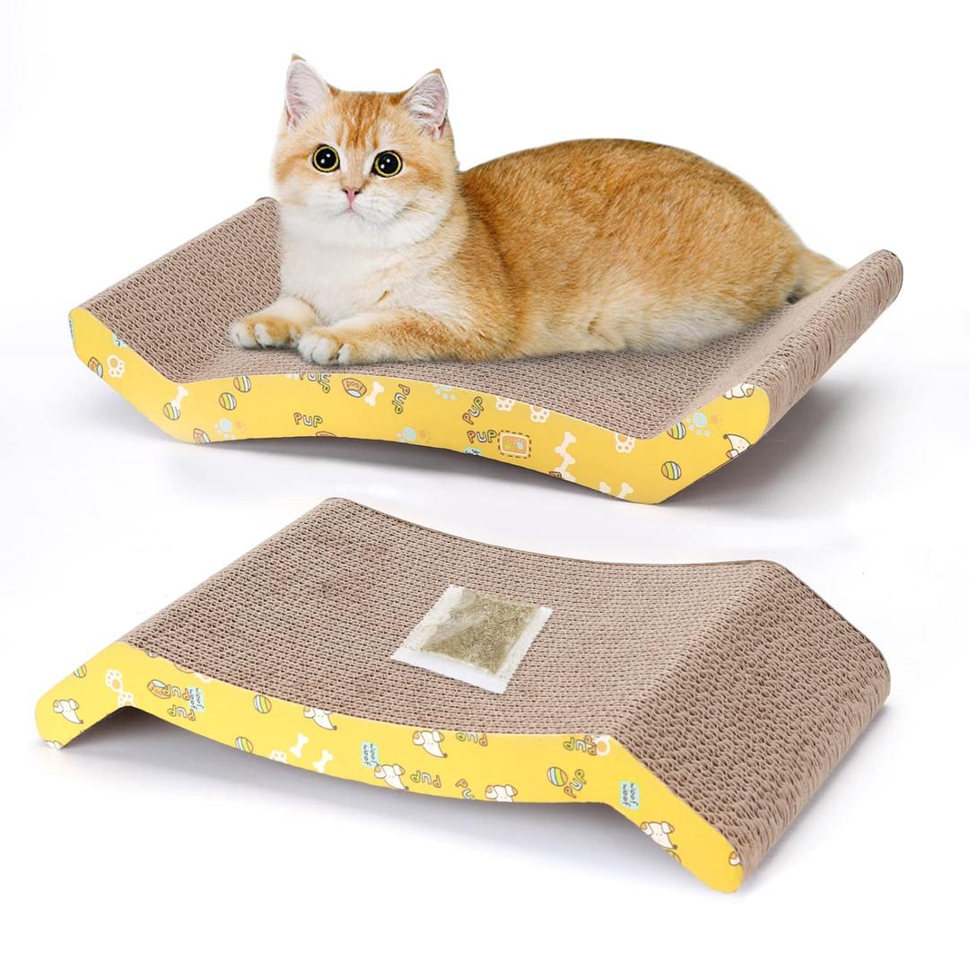 Cat Scratch Pad for Indoor Cats, Nobleza 2 Pack Premium Reversible Scratching Cardboard with Catnip, Recyclable Corrugated Kitty Scratcher Lounge Couch Bed for Furniture Protection, Yellow