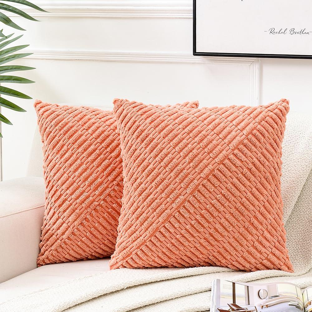 Fancy Homi 2 Packs Coral Decorative Throw Pillow Covers 18x18 Inch for Living Room Couch Bed, Rustic Farmhouse Boho Home Decor, Soft Corss Corduroy Twill Textured Square Peach Cushion Case 45x45 cm