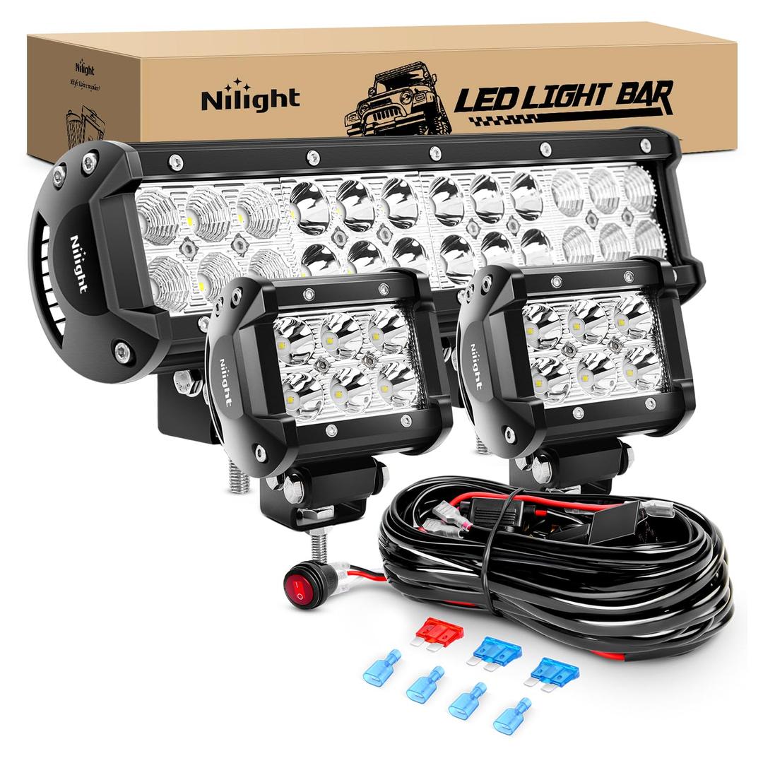 Nilight ZH016 12 Inch 72W Spot Combo Bar 2PCS 4 Inch 18W Flood LED Fog Lights with Off Road Wiring Harness- 2 Leads