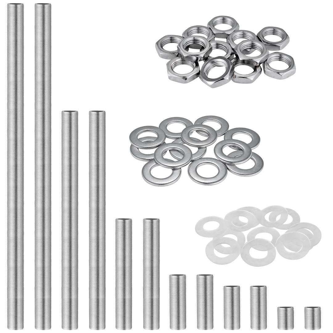 Stainless Steel Lamp Pipe,Lamp Repair Hardware Assortment,SS304 Lamp Assembly Hardware Including 10" Nipples,Washers & Locknuts.Threaded Lamp Rod for Outdoor Lamps (304 Stainess Steel)