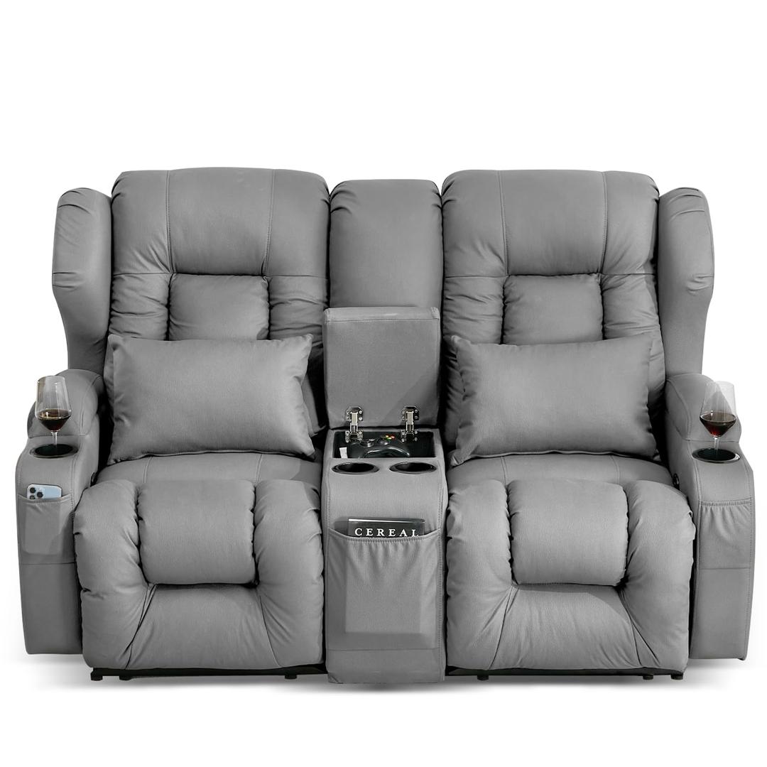 65" Loveseat Recliner Reclining Loveseat with Console - Comfy Manual RV Recliner Loveseat Sofa Couch Home Theater Seating with Pillows, Cup Holders - Recliner Chair for Living Room RV Furniture