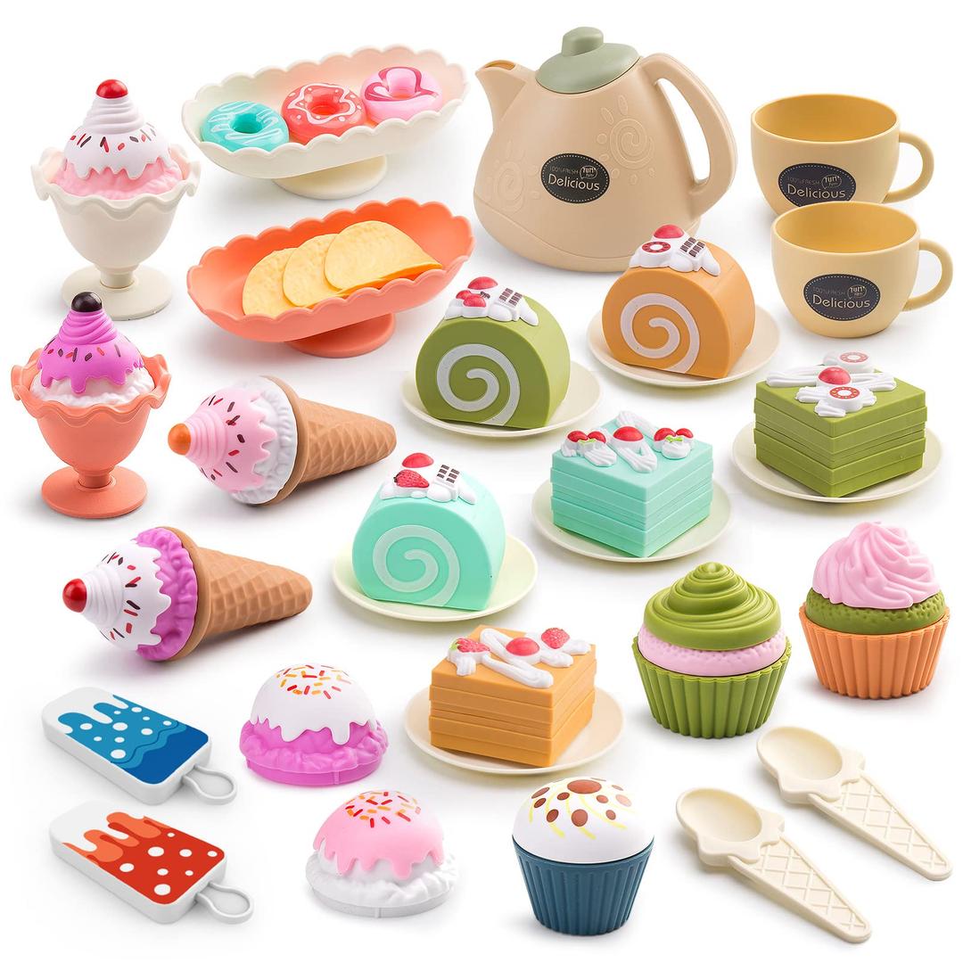 Bruvoalon 65 Pcs Cakes Play Food Set, Biscuits Pretend Food, Tea Pot&Cup, Ice Cream, Potato Chips with Trays, Children Role Play & Imaginary Kitchen Set Birthday Gifts for Boys Girls Toddlers