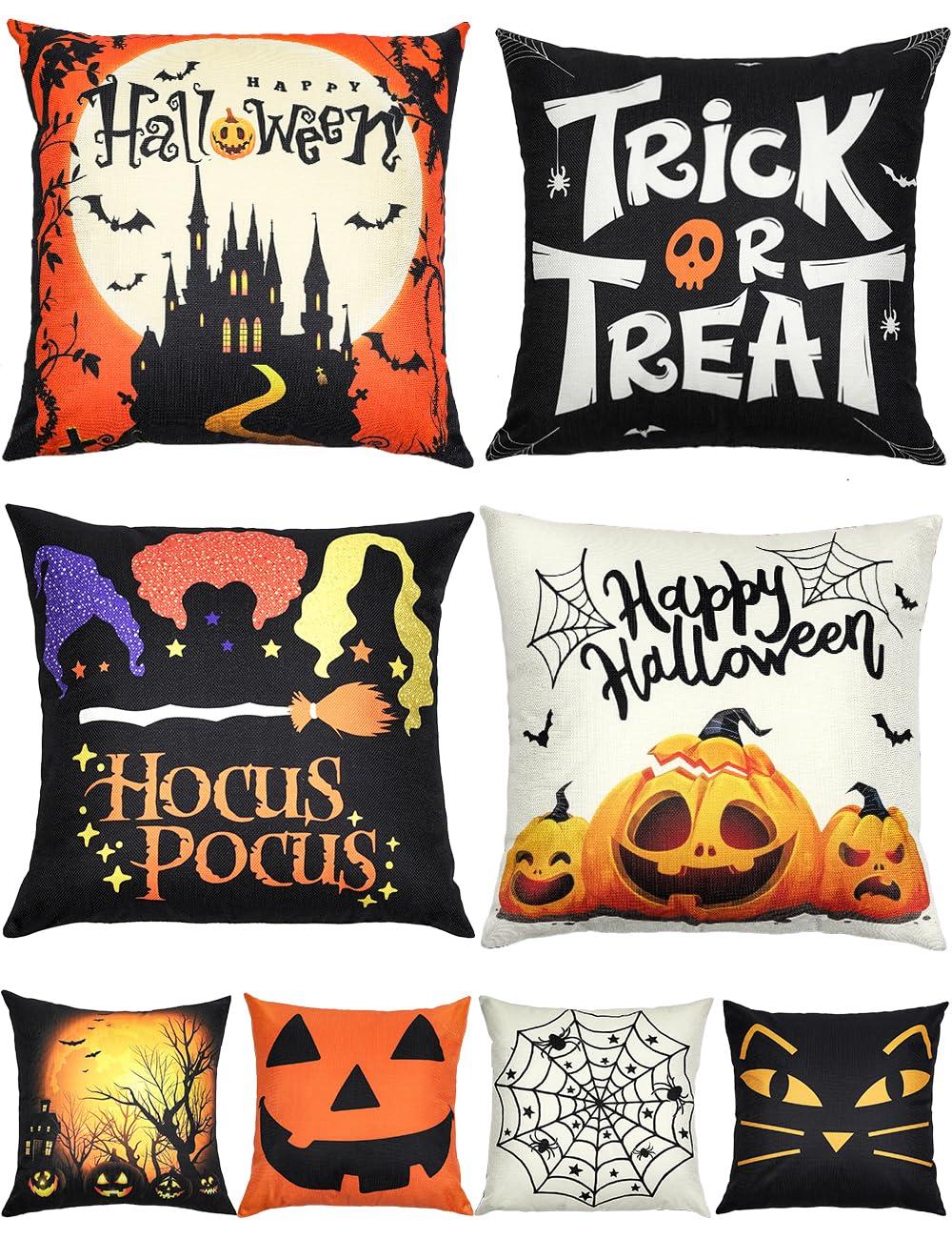 Halloween Decorations Set Of 4 Double-Sided Print Pillow Covers 18" x 18", with 8 Cute Halloween Decor Patterns, Elegant Invisible Zipper, Soft Linen Throw Pillow Covers for Outdoor & Indoor Use