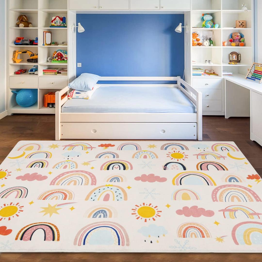 Soft Kids Area Rug, Large Washable Space Mat, Non-Slip Cute Rainbow Weather Baby Crawling Floor Mat for Living Room Playroom Classroom Bathroom (59" x 39" S)