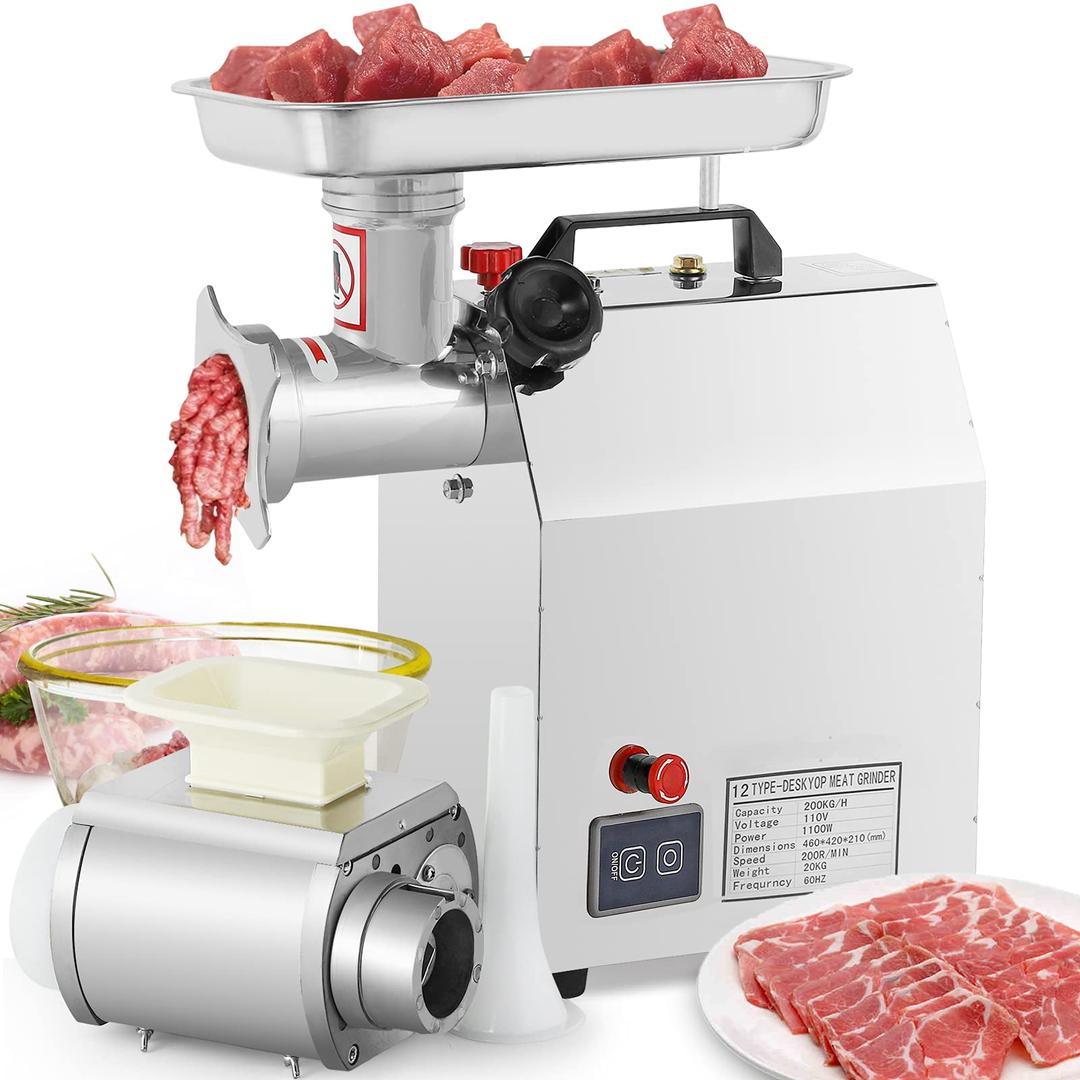 Moongiantgo Commercial Meat Grinder 1.5HP Electric Meat Grinding Machine Heavy Duty Sausage Stuffer Low Noise 441 LBS/H Stainless Steel Mincer Cutter for Restaurant Butcher Beef Venison Fish Bones