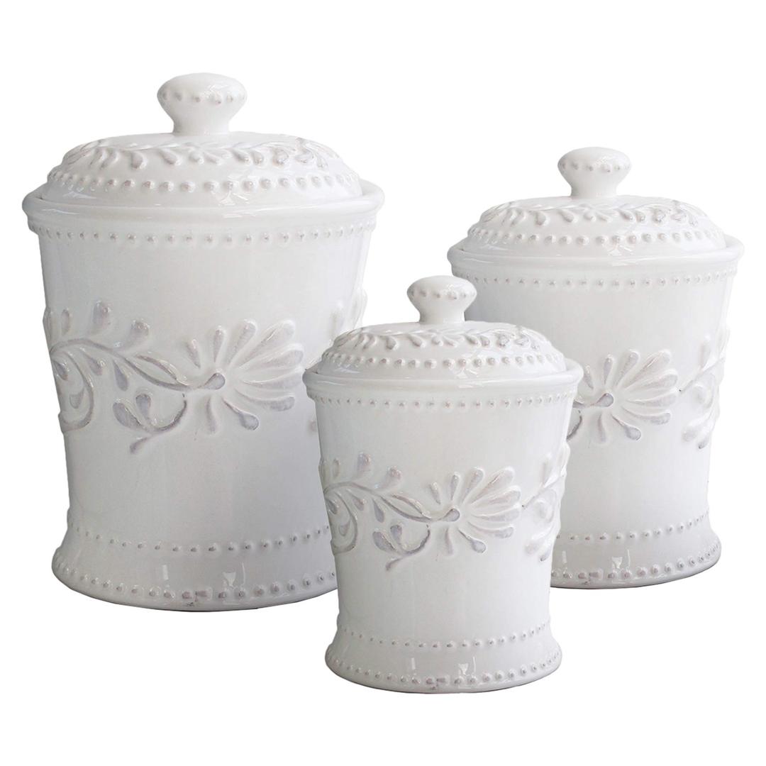 American AtelierBianca Leaf Canister Set 3-Piece Ceramic Jars in 20oz, 48oz and 80oz Chic Design With Lids for Cookies, Candy, Coffee, Flour, Sugar, Rice, Pasta, Cereal & More