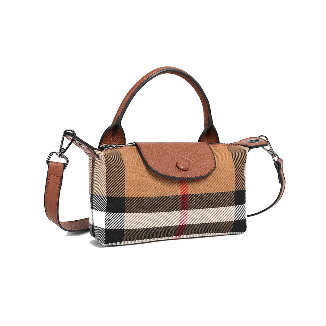 WaiyqjuSmall Size Luxury Plaid Women's Top Handle Handbag Canvas and Leather Mini Contrasting Colors Satchel