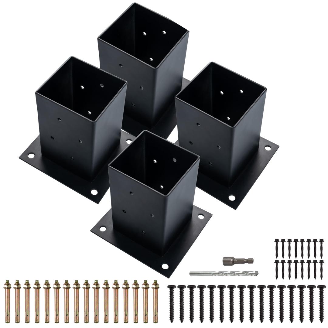 (4 PCS) LADECH 4x4 Wood Fence Post Anchor Base, 2mm Thick Steel and Black Powder Coated,Come with Wood Screws and Concrete Anchors (Black - 4 PCS)