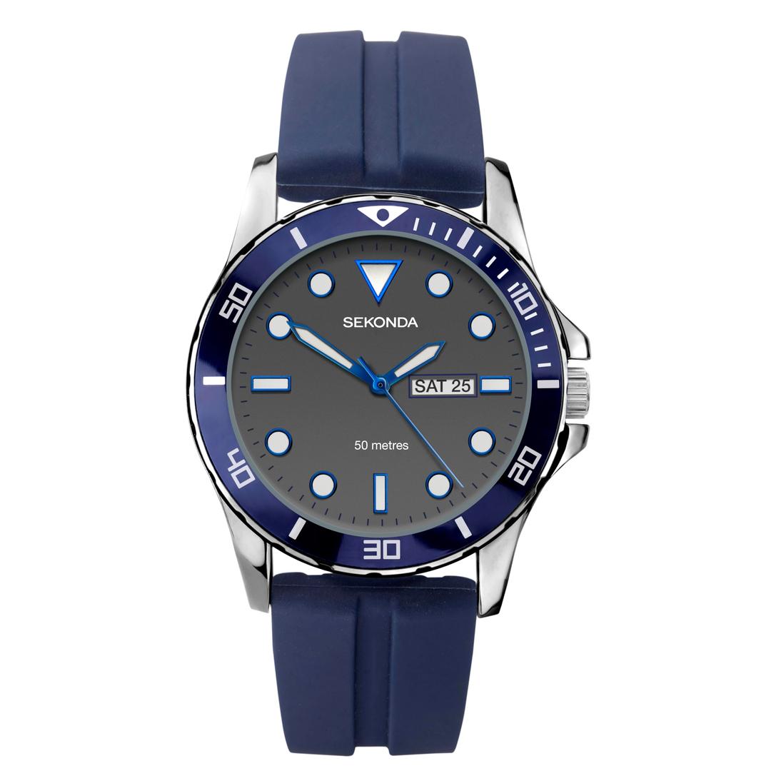 SekondaMens 43mm Balearic Analogue Sports Watch with Day Date Window Fixed Bezel Rubber Strap Water Resistant 50 metres