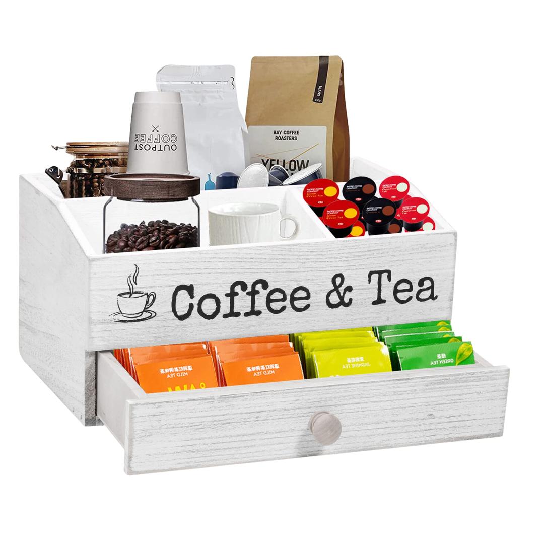 | Coffee & Tea Station with 1.8" Drawer | KCup and Tea Bag Storage | Wooden Rustic White Organizer for Countertop