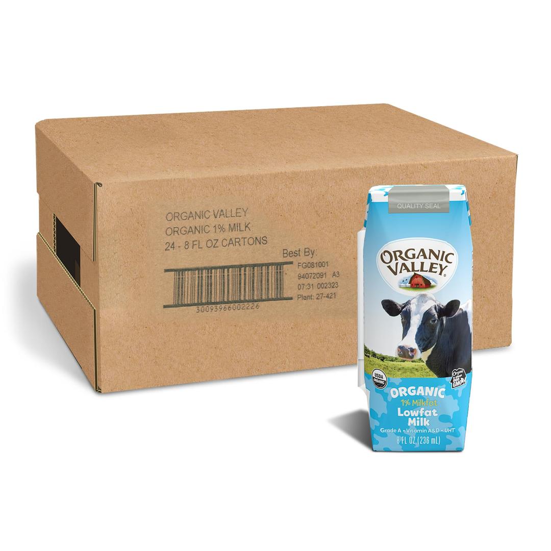 Organic ValleyMilk Boxes, Shelf Stable 1% Milk, Healthy Snacks, 8 Fl Oz (Pack of 24)