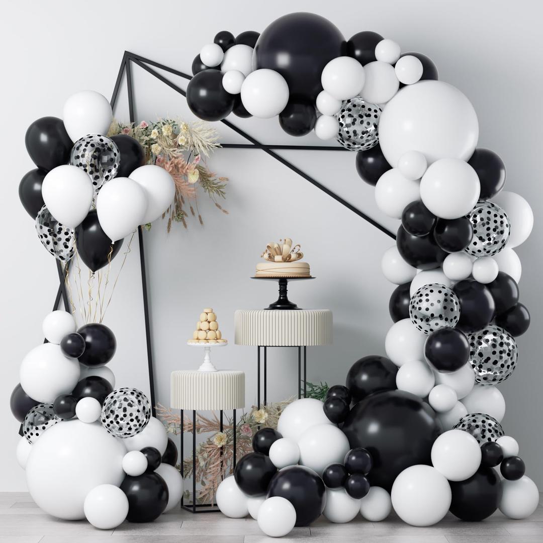 COKAOBE Black and White Balloon Garland Arch Kit, 124pcs White Black Confetti Latex Balloons for Baby Shower Birthday Graduation Wedding Engagements Anniversary Celebrations Party Decorations